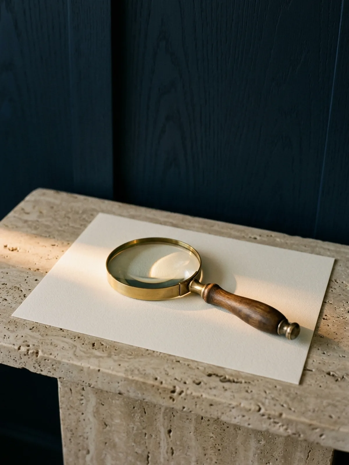Een bronzen vergrootglas op een vel papier