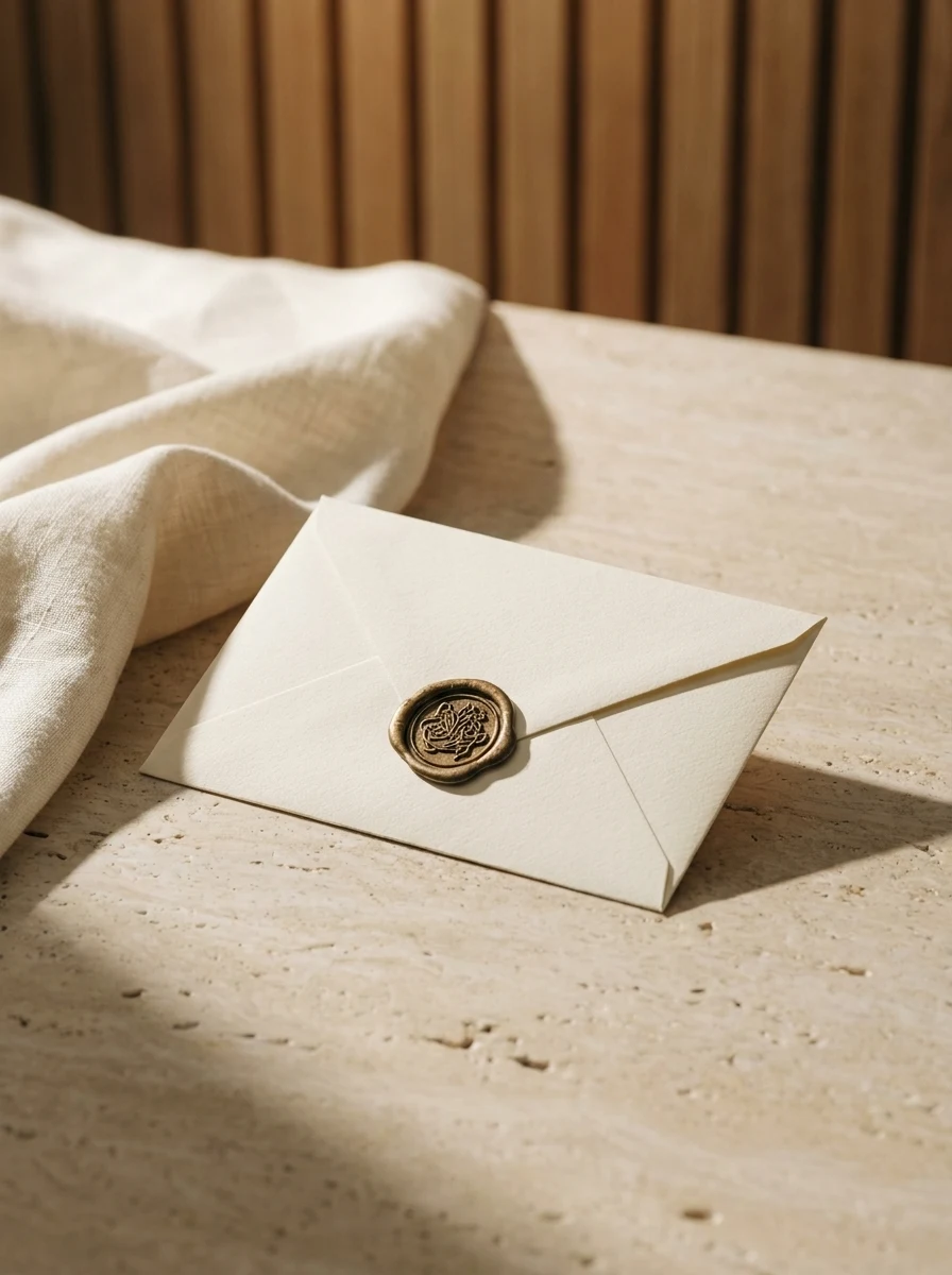 Een gesloten envelop met een bronzen lakzegel