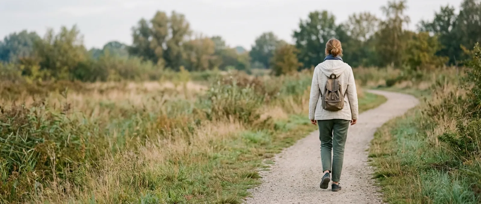 Iemand wandelt op een rustig pad door een open landschap