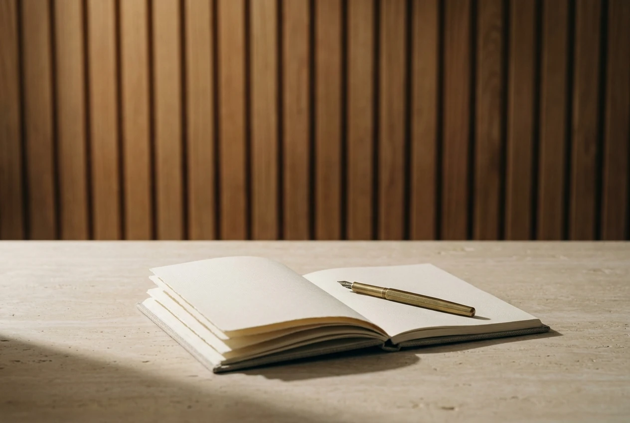 Een opengeslagen notitieboek met een pen