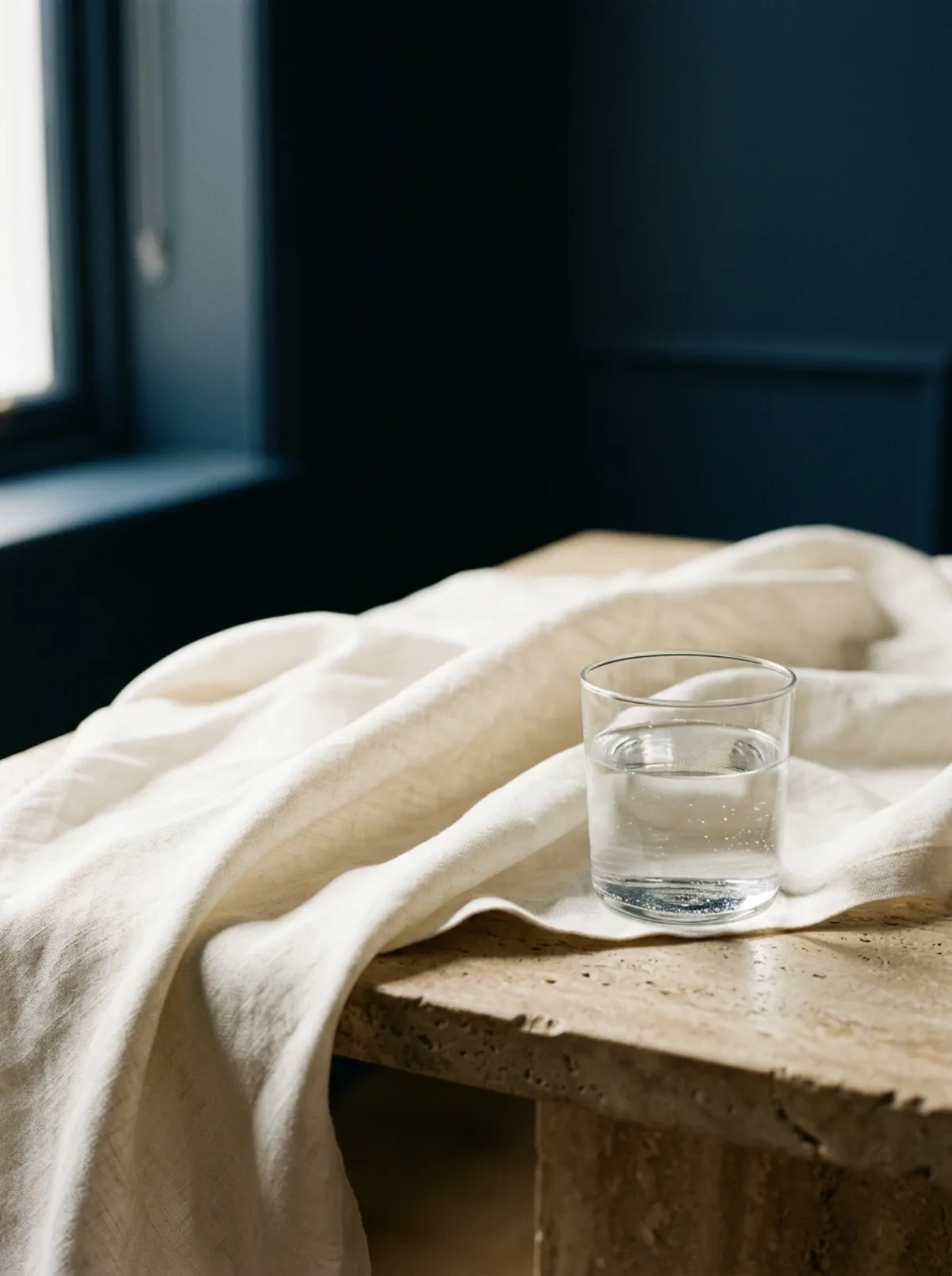 Stilleven met linnen en een glas water