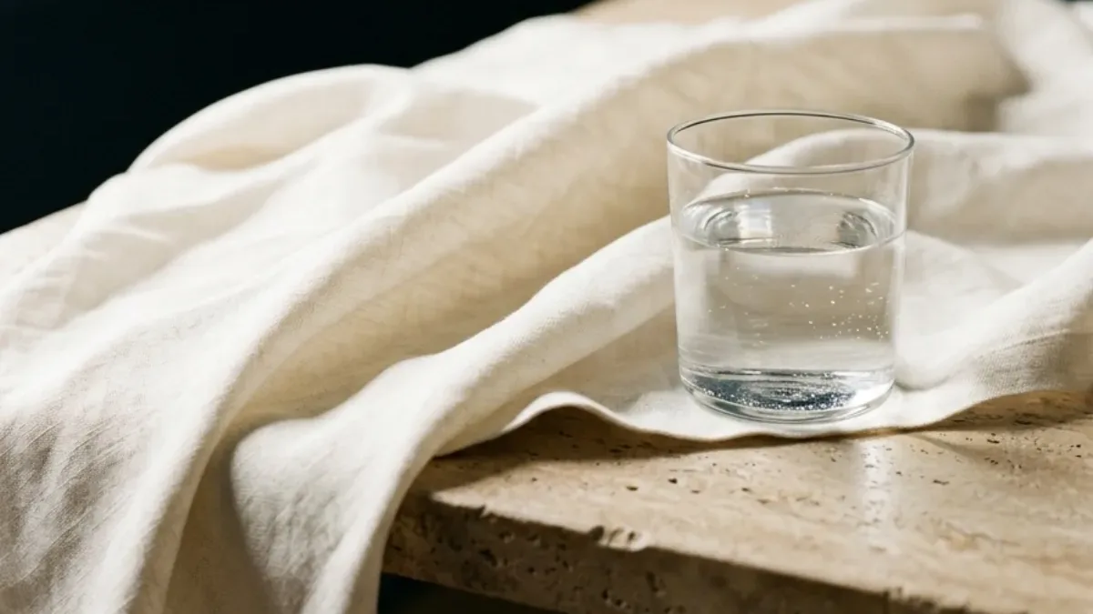 Een glas water op linnen bij een donker raam
